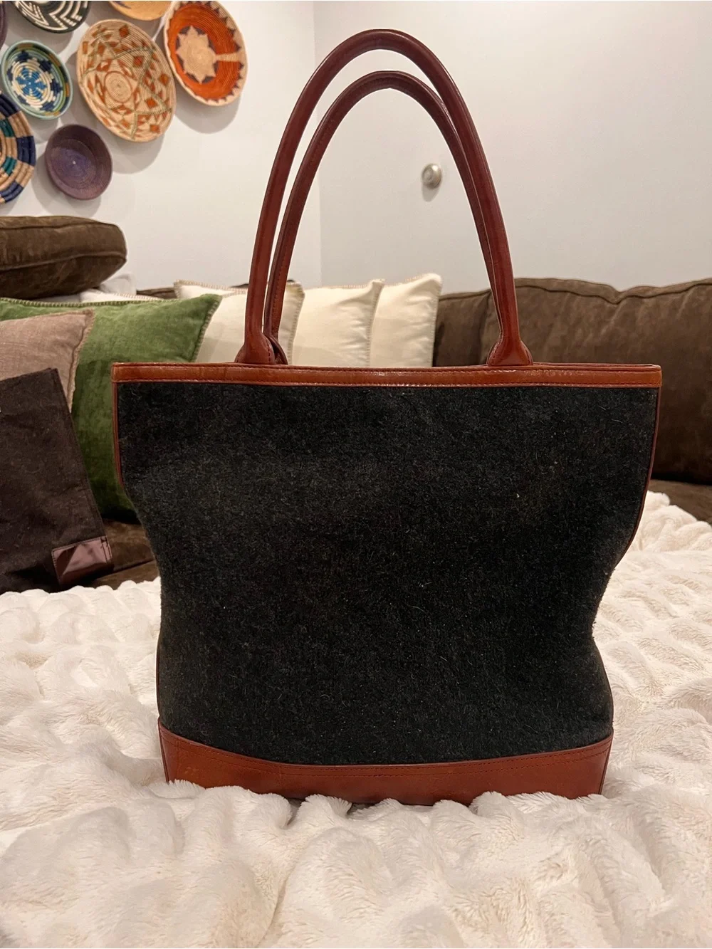 Tory Burch Black Suede Tote with Brown Leather Trim